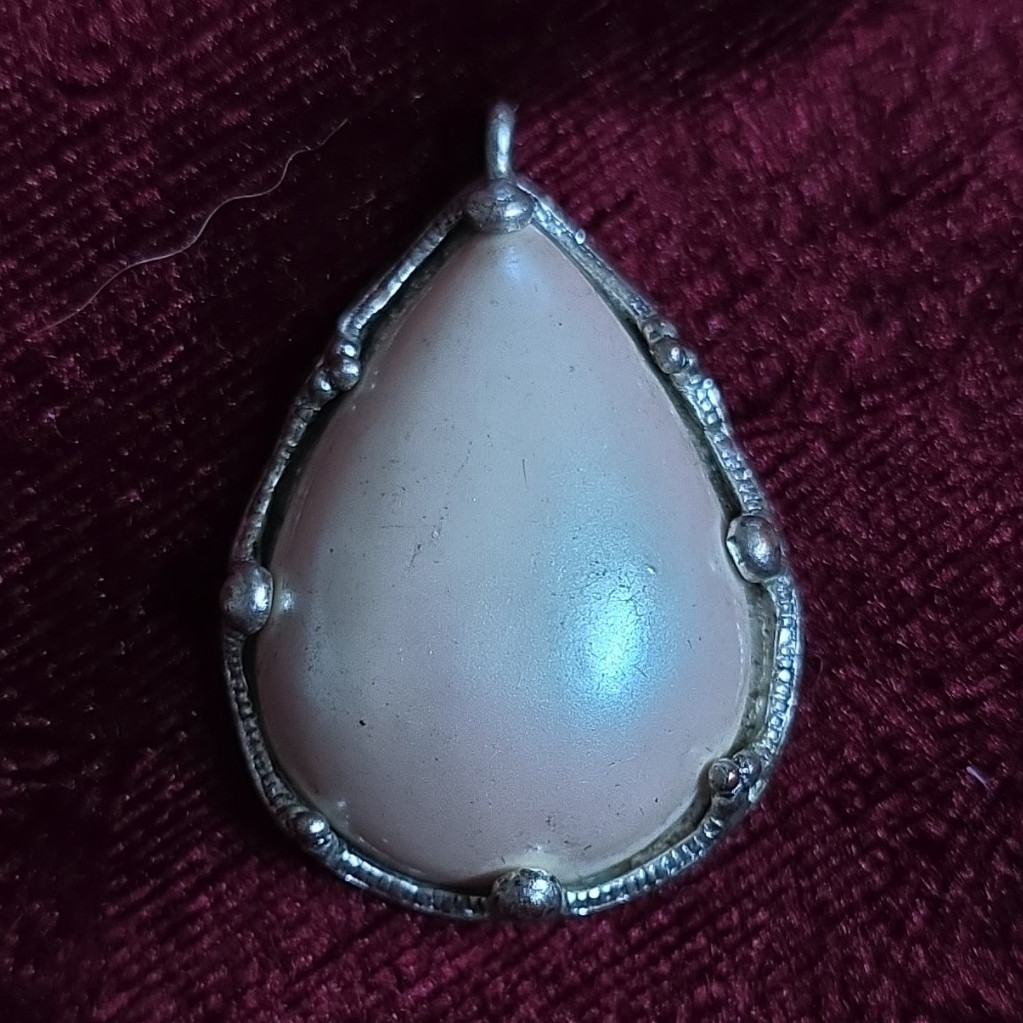 Teardrop White Cabochon Stone Charm Pendant Silver Tone Bezel Set Metal