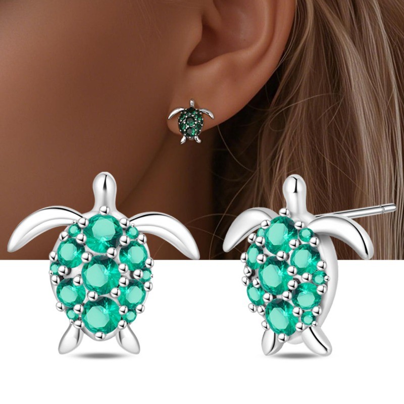 PANDACH 925 Sterling Silver Green Sea Turtle Stud Earrings For Women Post Studs