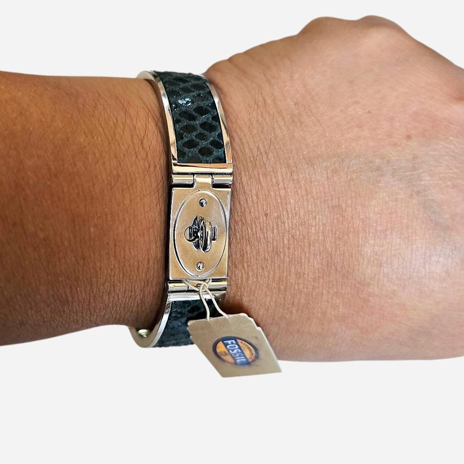 Fossil Iconic Metal Stainless Steel Snakeskin Inlay Bangle Bracelet NWT