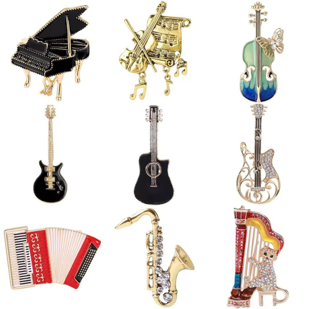 Electric Guitar Brooch Gold Music Note Crystal Pin Musician Instrument Jewelry G