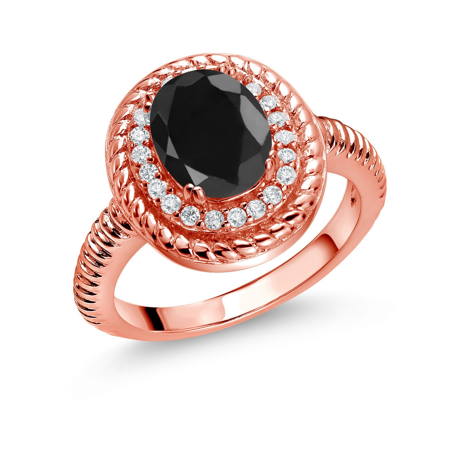 2.76 Ct Oval Black Sapphire 18K Rose Gold Plated Silver Halo Engagement Ring