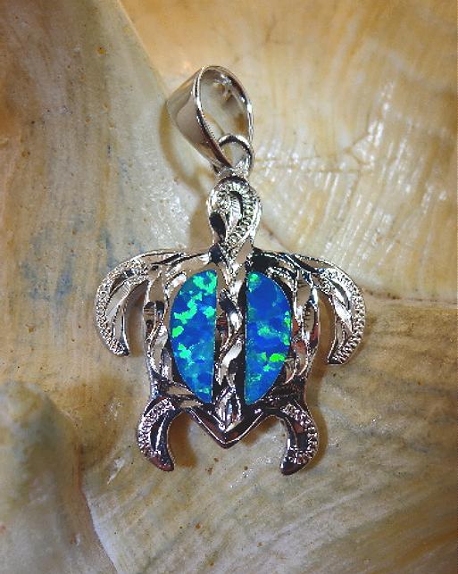 17.5mm Hawaiian Sterling Silver Man-Made Opal Petroglpyh Turtle Scrolls Pendant