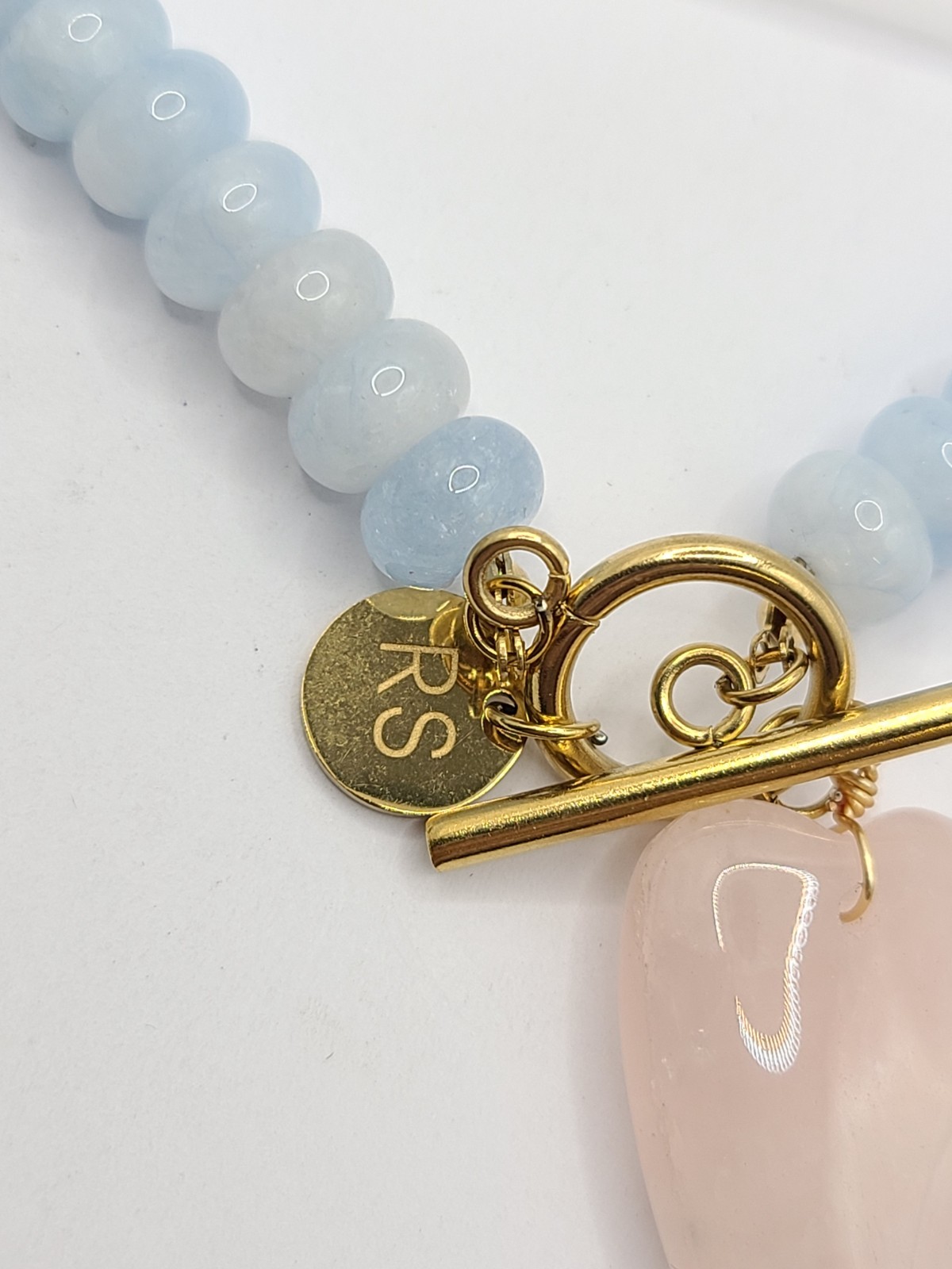 Raising Surfers Light Blue Beaded Toggle Necklace w/ Pink Heart Rose Quartz 19″