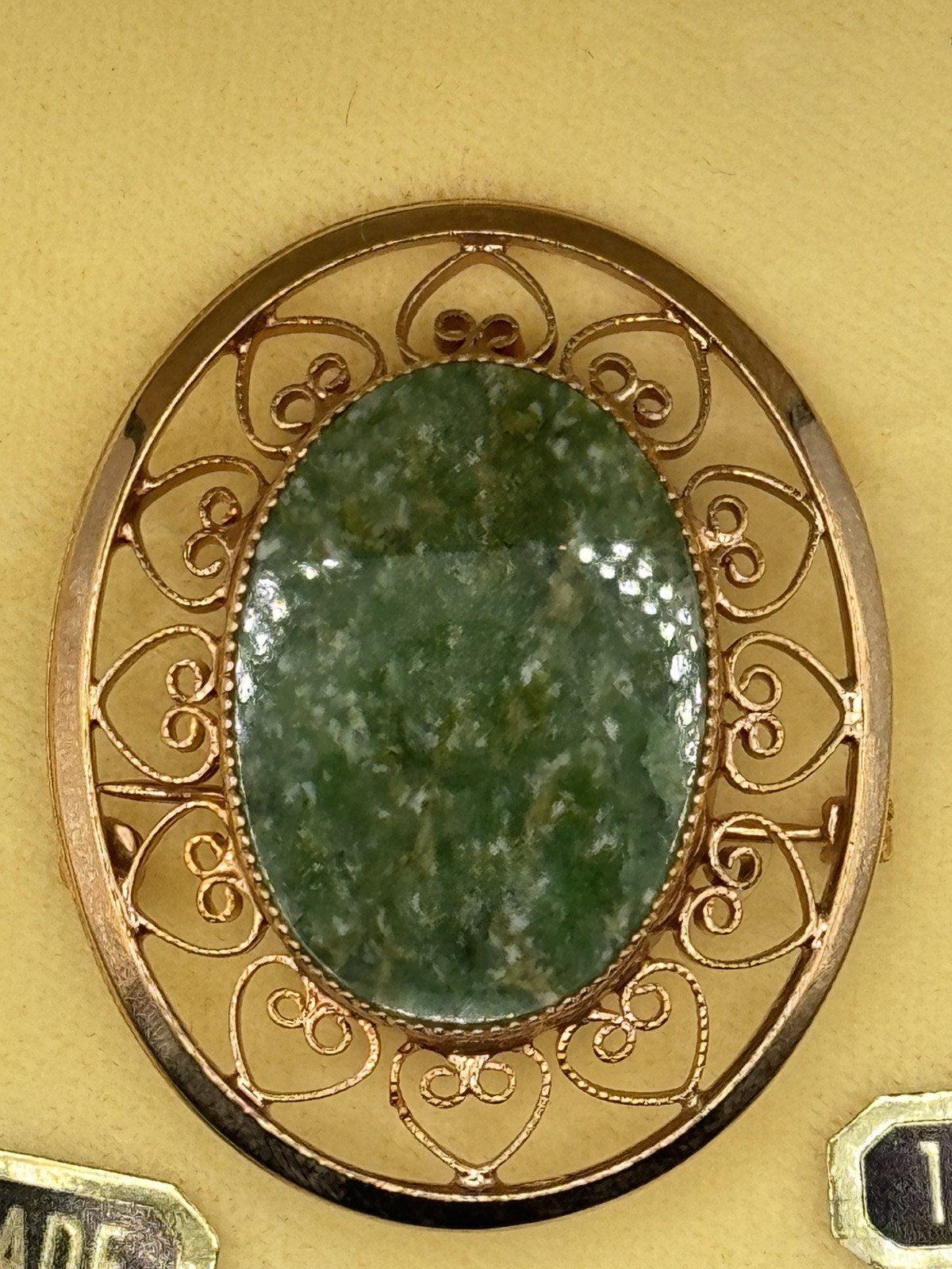 Vintage Oval Green Jade Brooch Pin 12K Gold Filled Filigree