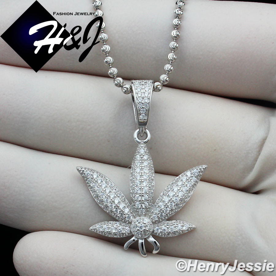20″MEN 925 STERLING SILVER 2MM BEADED CHAIN CUBIC ZIRCONIA 3D LEAF PENDANT*SP173