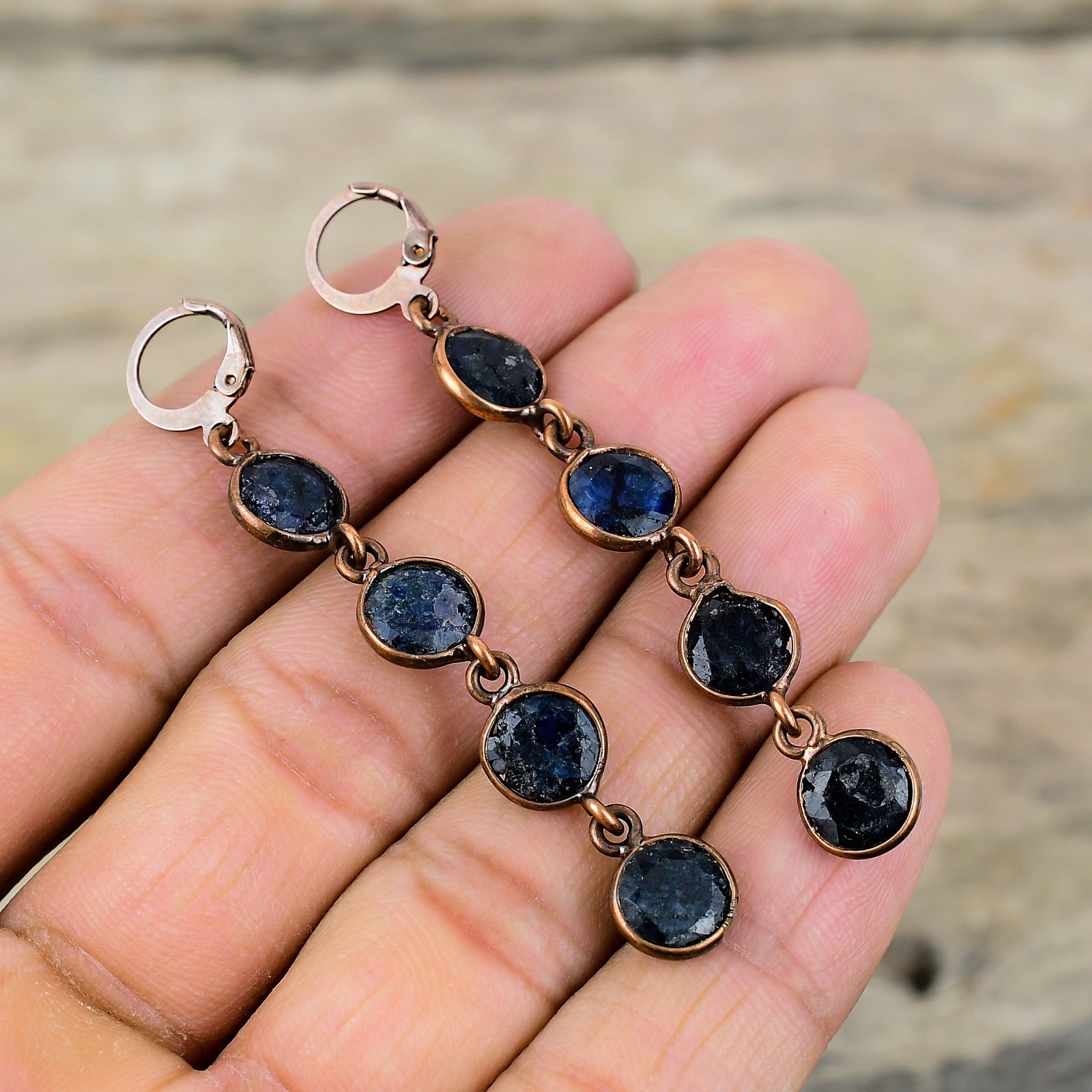 Halloween Deal Blue Saphire Gemstone Drop Dangle Electroformed Earrings Copper
