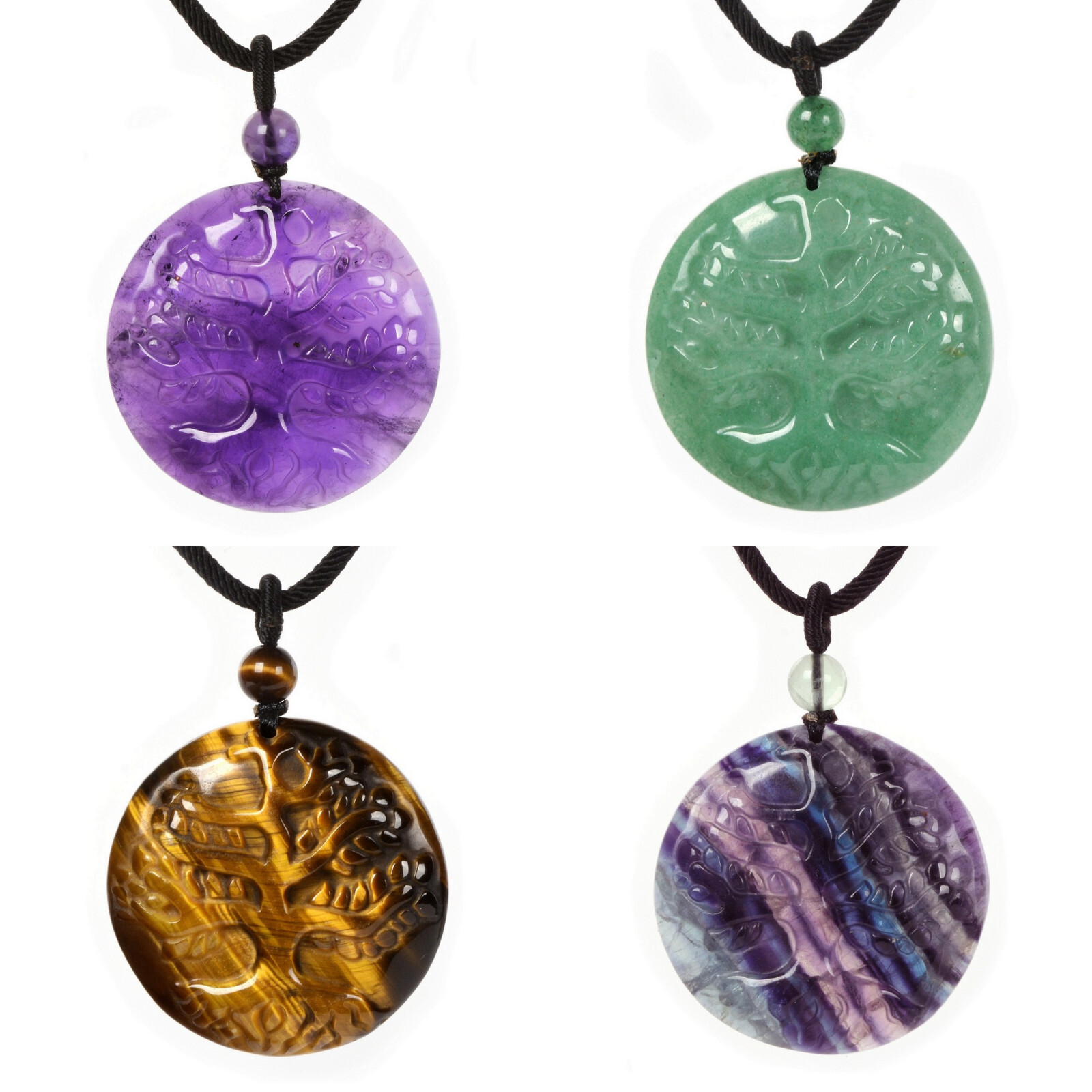 36mm Gemstone Healing Chakra Tree of Life Flatback Round Pendant Necklace 22″