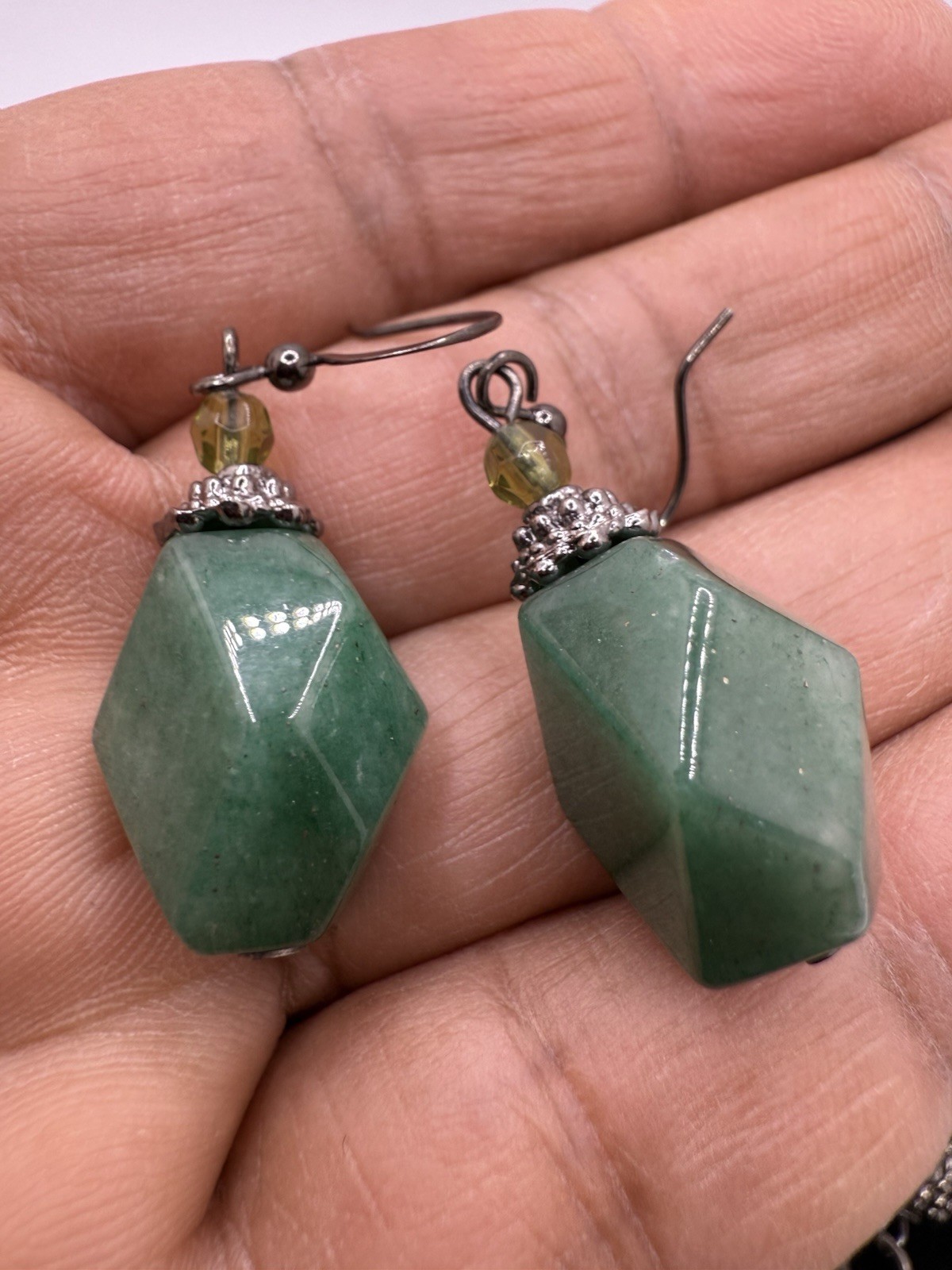 Teal Green Gemstone Aventurine Necklace Earring Set Olive Glass Silver-tone