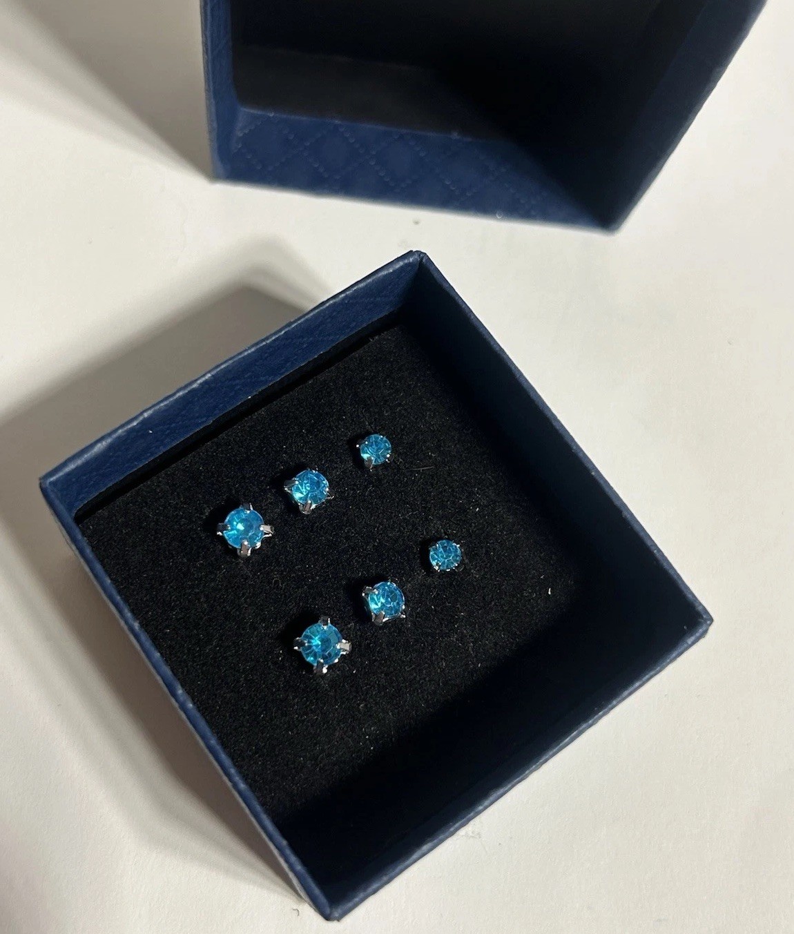 Blue Cubic Zirconia Stud Earrings Silver Plated 3.5mm 4mm 5mm Round Set