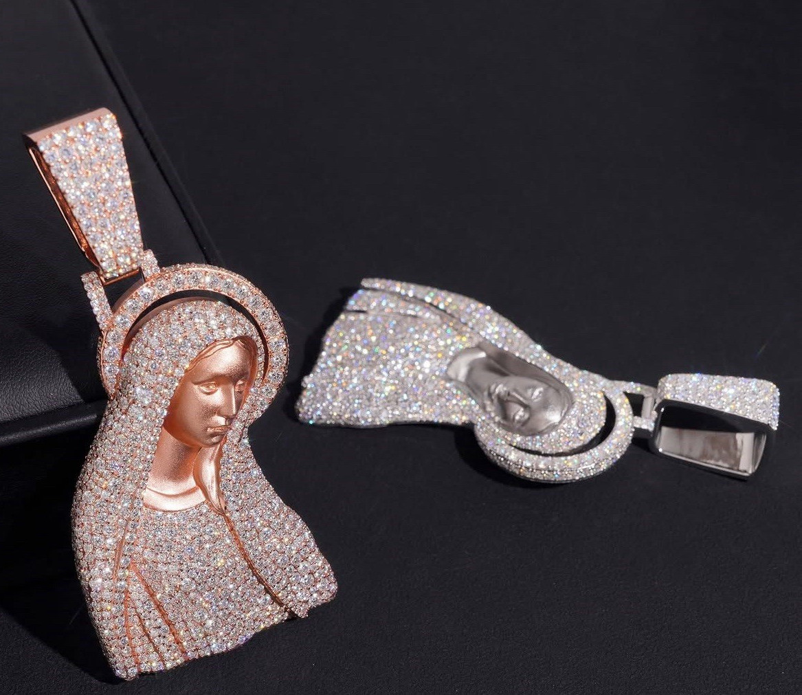 Virgin Mary 925 Moissanite Iced Out Charm Pendant Silver & Rose Gold Tone 3.5in