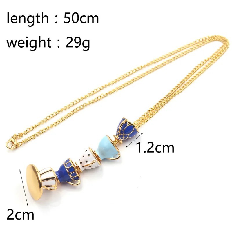 Tea Cup Necklace Gold Chain Enamel WHIMSICAL Stacked Teacups Blue Jewelry