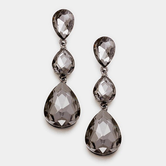 Gray Crystal Teardrop Dangle Drop Earrings Prom Bridal #5433 Grey