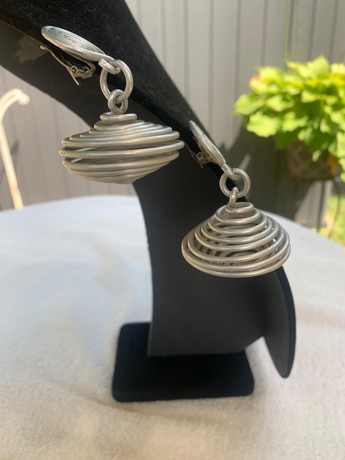 *Modernist David Spada Coil Spiral Anodized Aluminum Silver Spaceship EARRINGS*