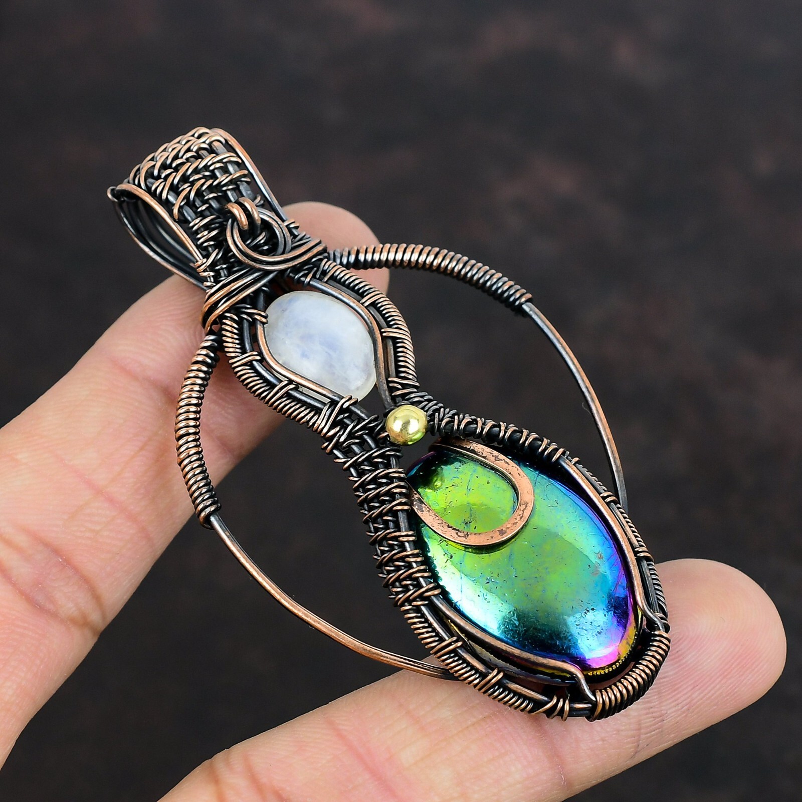 Copper Mystic Fire Labradorite Stone Rainbow Moonstone New Wire Wrapped Pendant