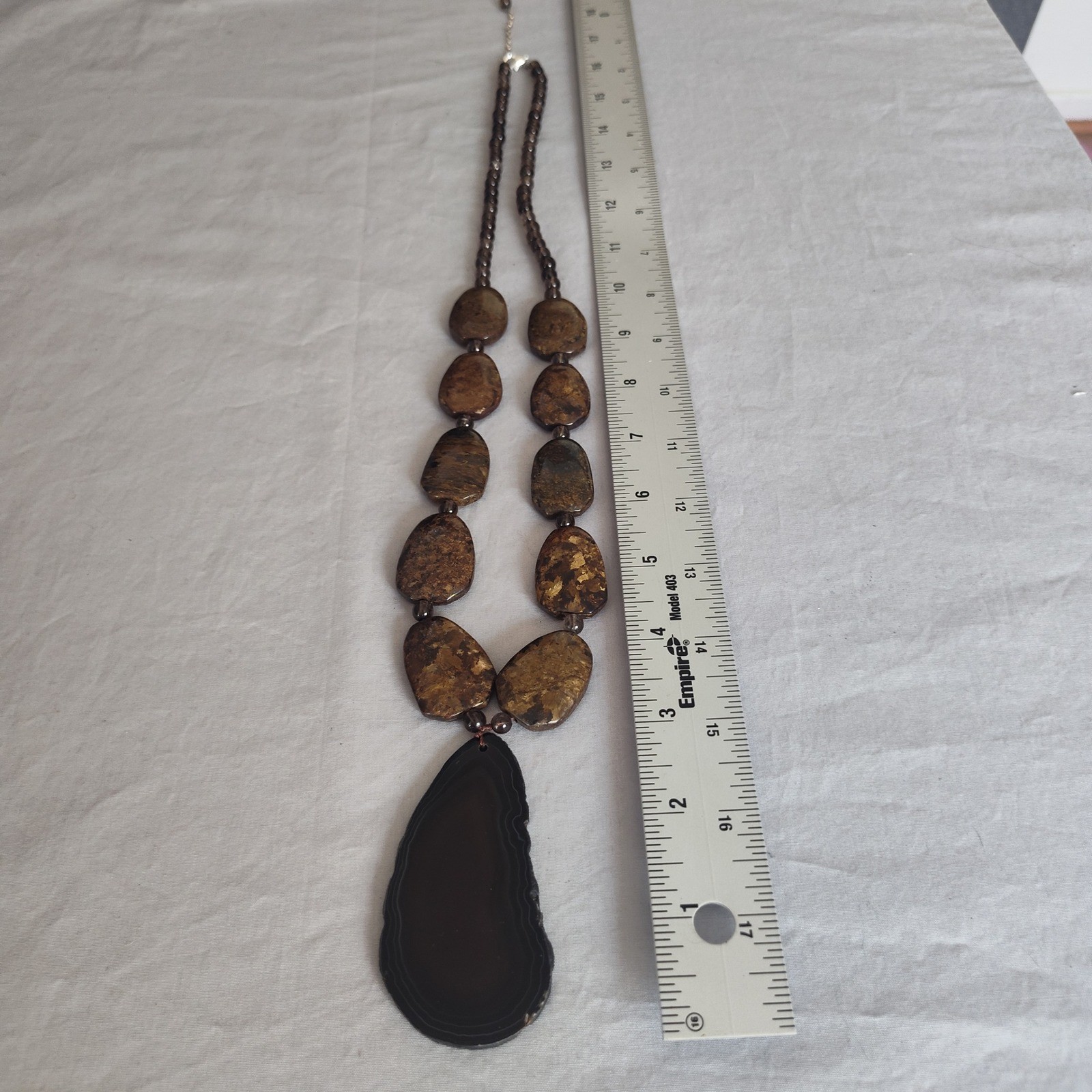Natural Black Agate Slice & Brown Jasper Beaded Statement Necklace Earthy Brown