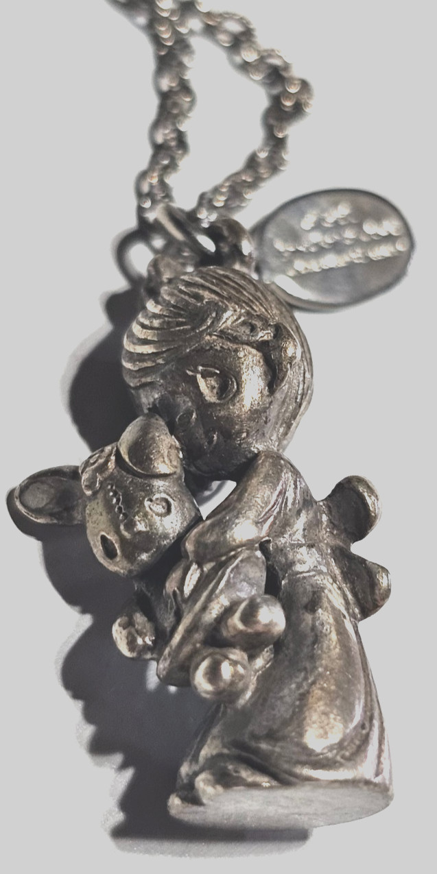 Precious Moments Johnathan David Girl With Bunny Pewter Pendant and Chain 1981