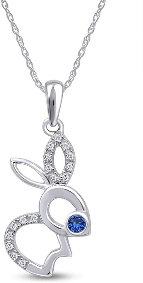 Cute Bunny Rabbit Pendant Necklace Simulated Blue Sapphire 14K White Gold Plated