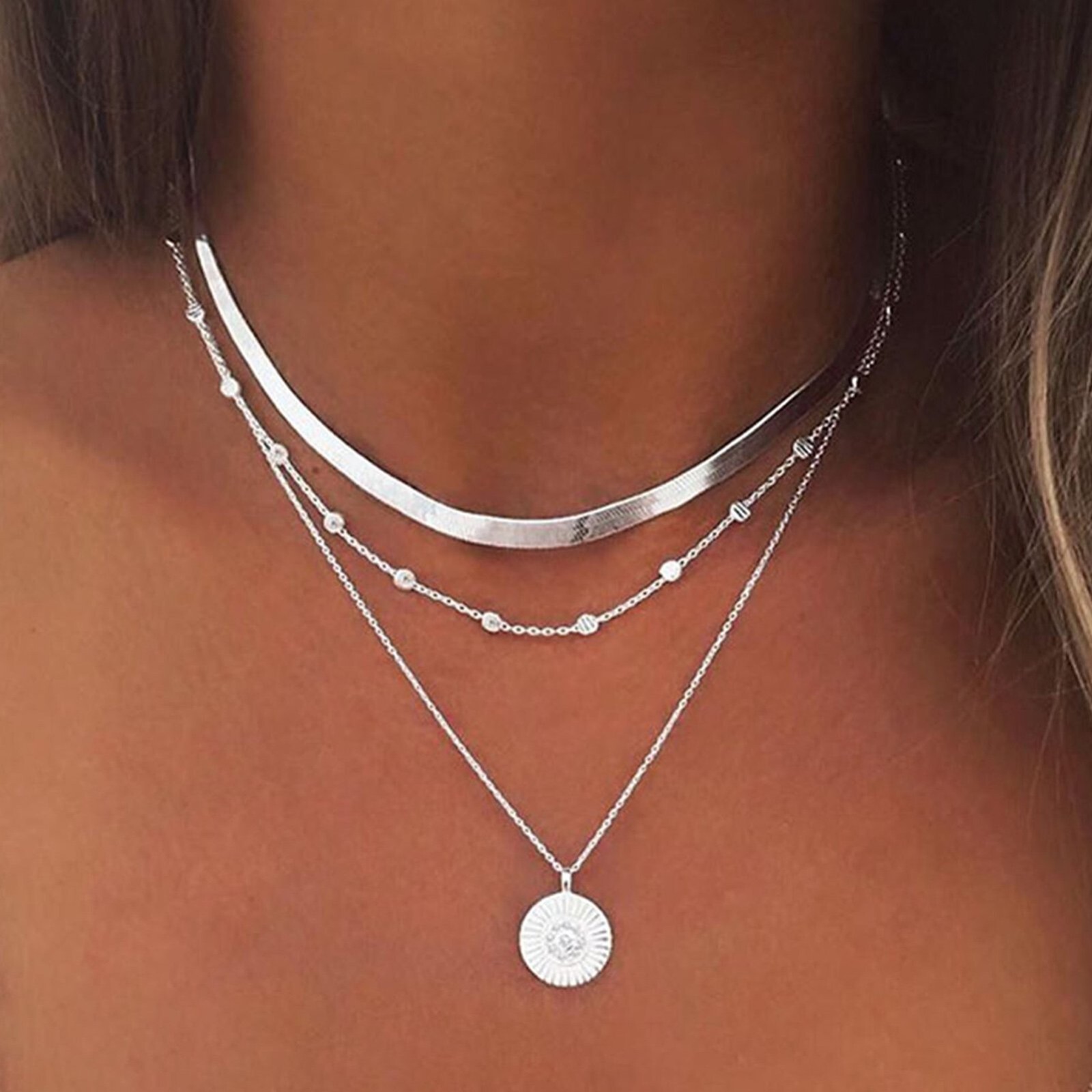 Trendy Silver Women 3- Three Layered Choker Necklace Fashion Jewelry – Party