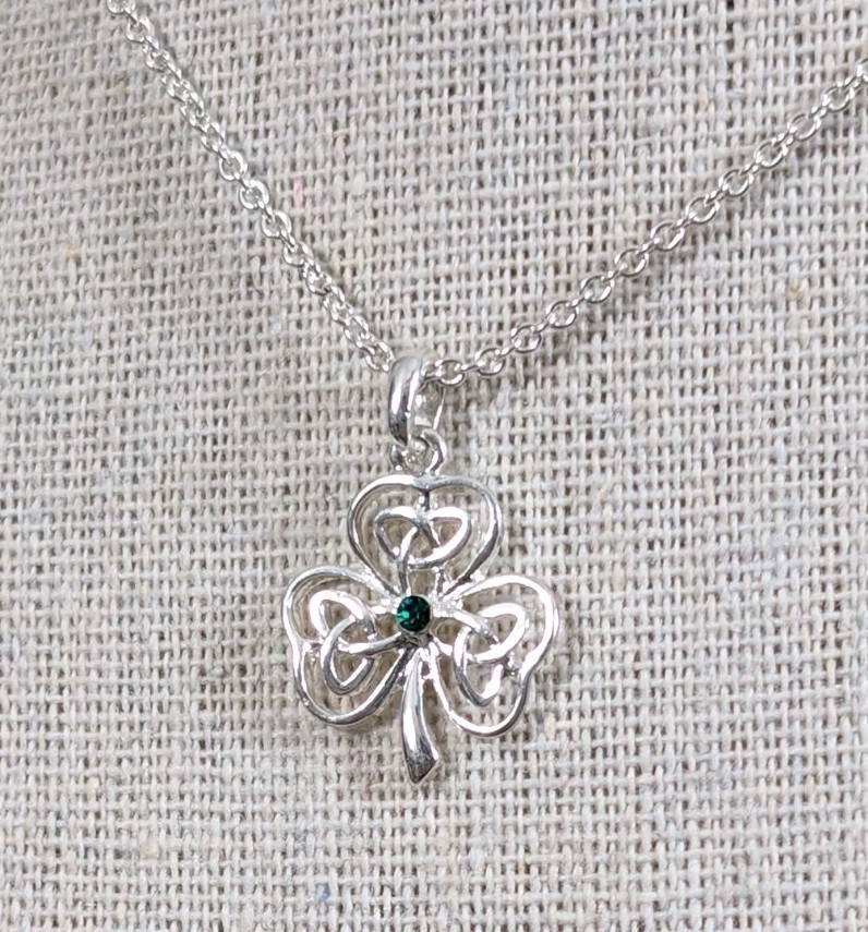 Celtic Knot Clover With Green Rhinestone Silver Toned Pendant Necklace