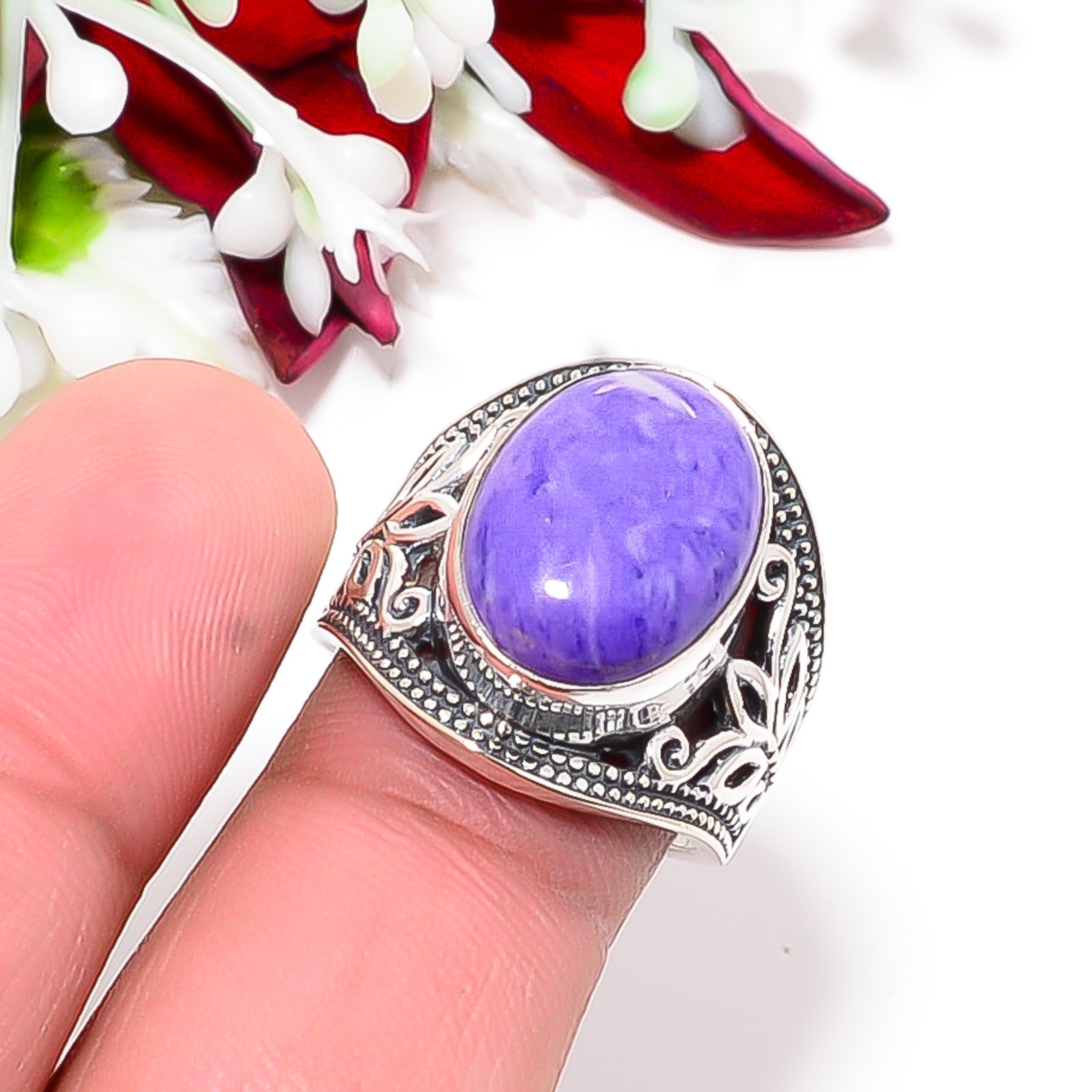 Purple Charoite 925 Sterling Silver Ring S.7 R122313