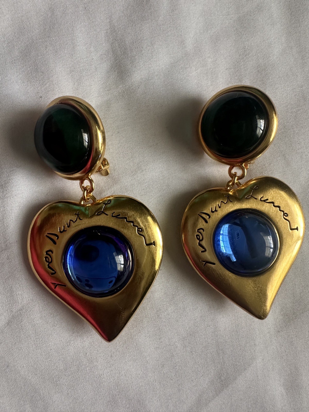 Yves Saint Laurent YSL Gripoix Emerald Sapphire Heart Logo Double Drop Earrings