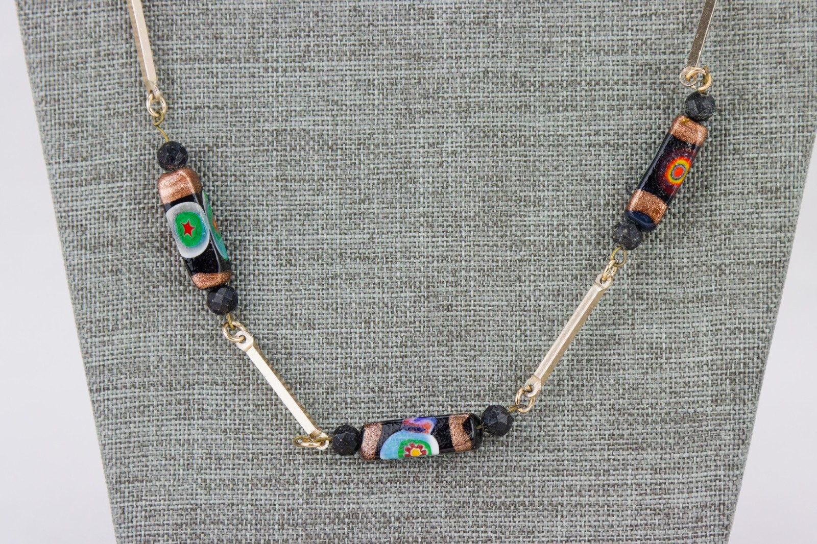 Venetian Glass Bead and Gold Tone Rod Link Necklace, 32gr
