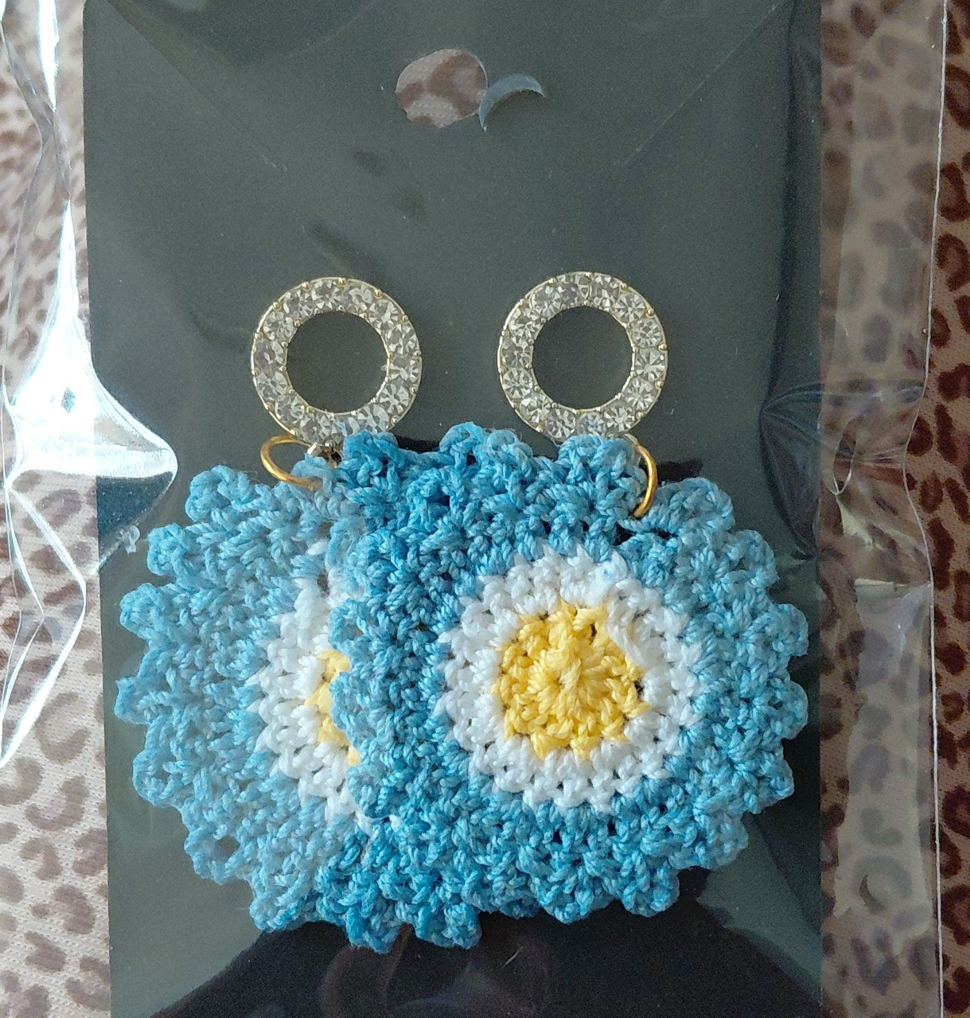 Handmade Crochet Flower Dangle/Drop Earrings Blue White Yellow Butterfly Back