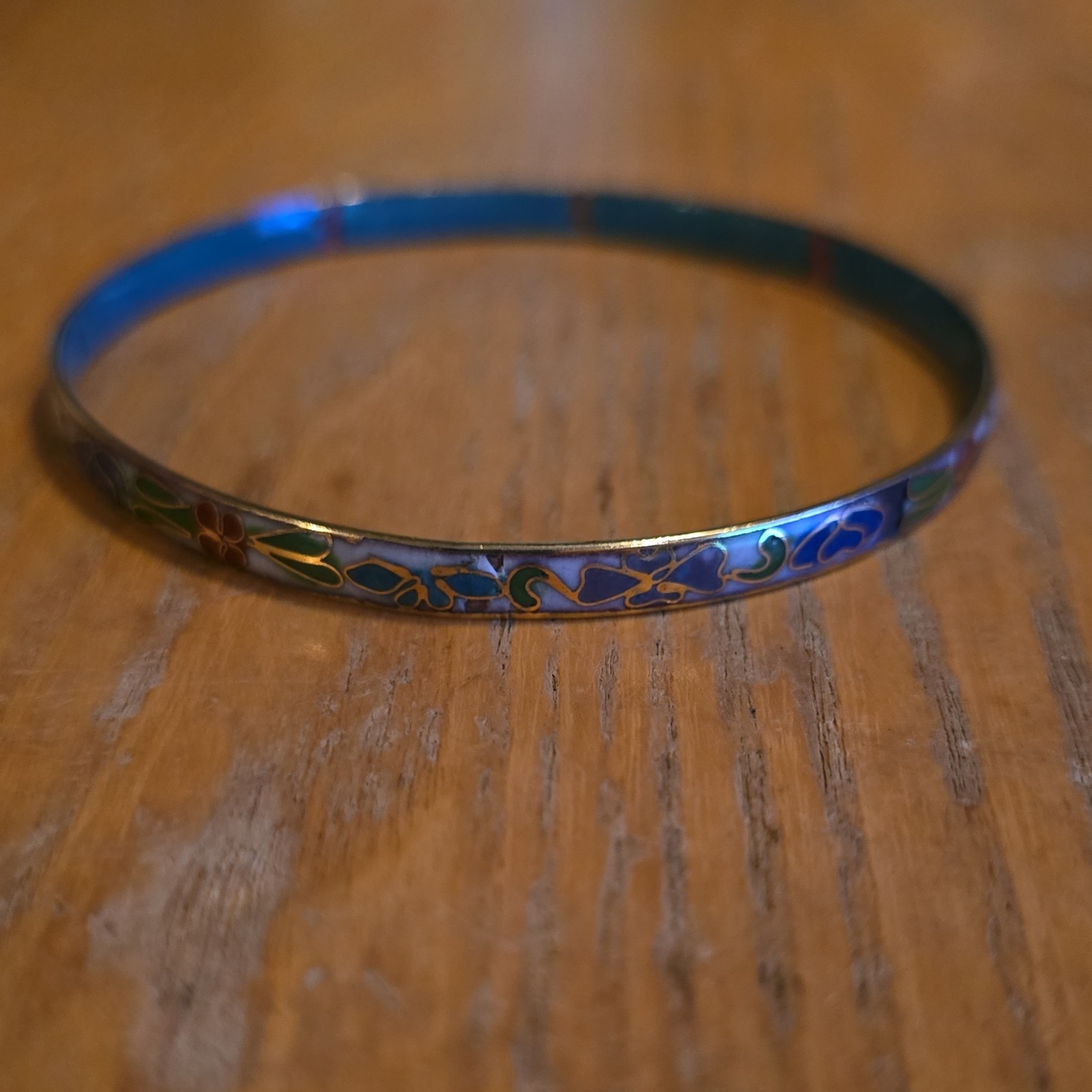 Blue Multicolor Enamel Metal Floral Bangle Bracelet Round No Stone