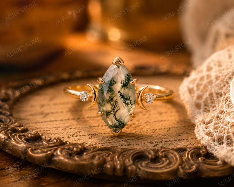 Lab Created Green Moss Agate Ring, Base Metal: Brass Finish: Gold Plated