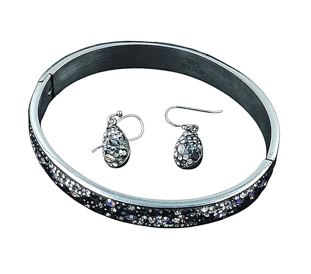 INOX 316L Stainless Steel Silver Rhinestone Jewelry Set Bracelet Earrings