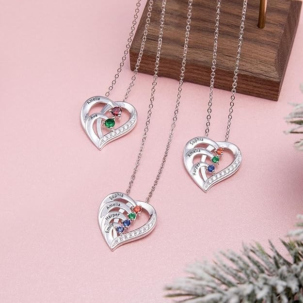 Personalized Heart 2/3/4 Names Birthstone Necklace For Mom or Grandma gifts lov