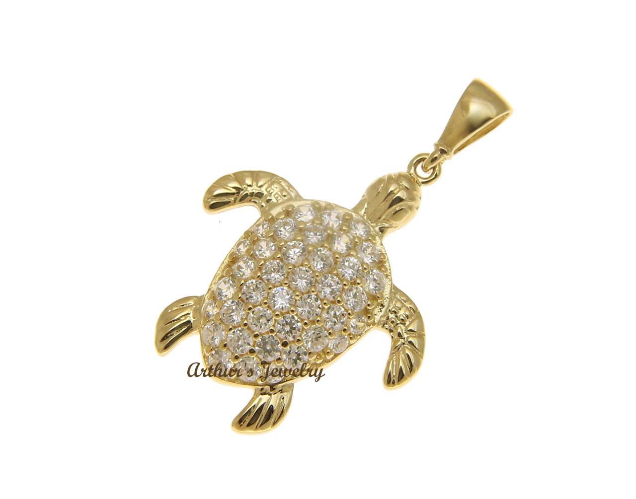 SOLID 14K YELLOW GOLD SPARKLY HAWAIIAN SEA TURTLE BLING CZ CHARM PENDANT 17.40MM
