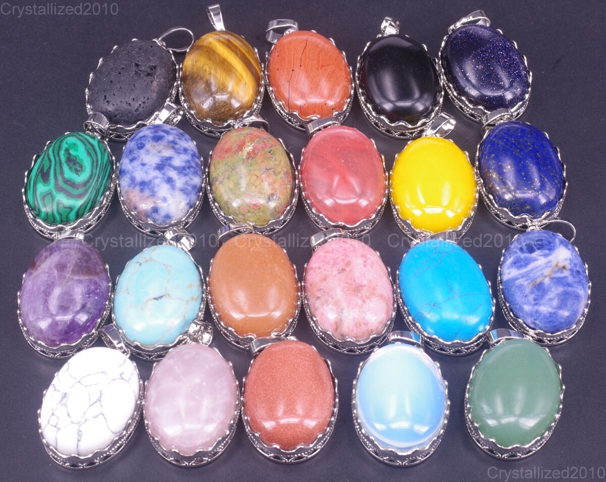Natural Gemstones Oval Shape Reiki Chakra Healing Pendant Necklaces Beads Pick