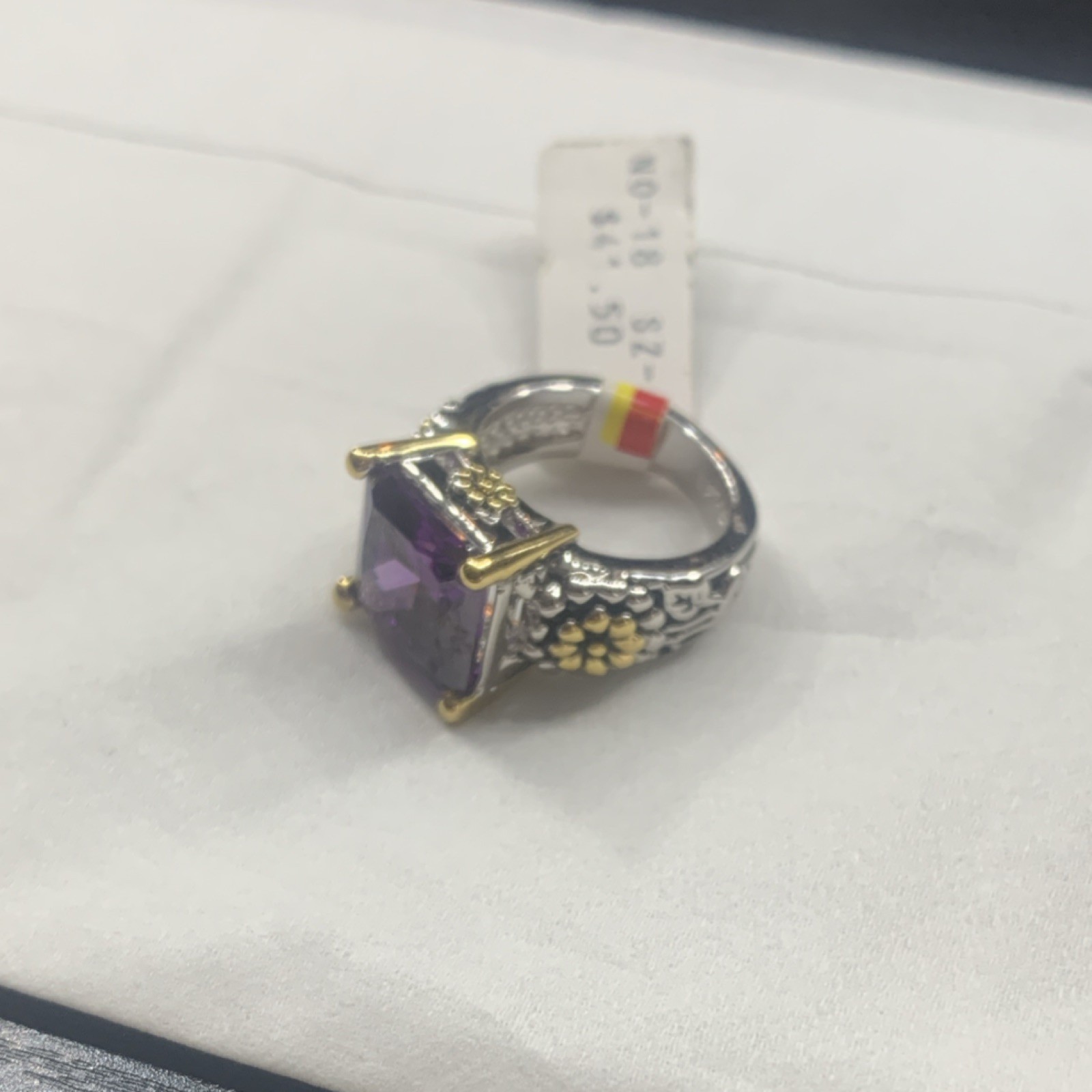 RSC Square Purple Stone Cocktail Ring Size 6 Silver Gold Prong Setting