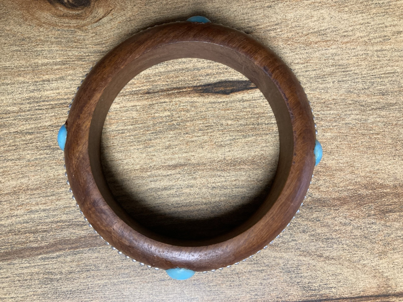 Wood Bangle Bracelet with Silver Color Beads All Around and 4 Turq Color Stones
