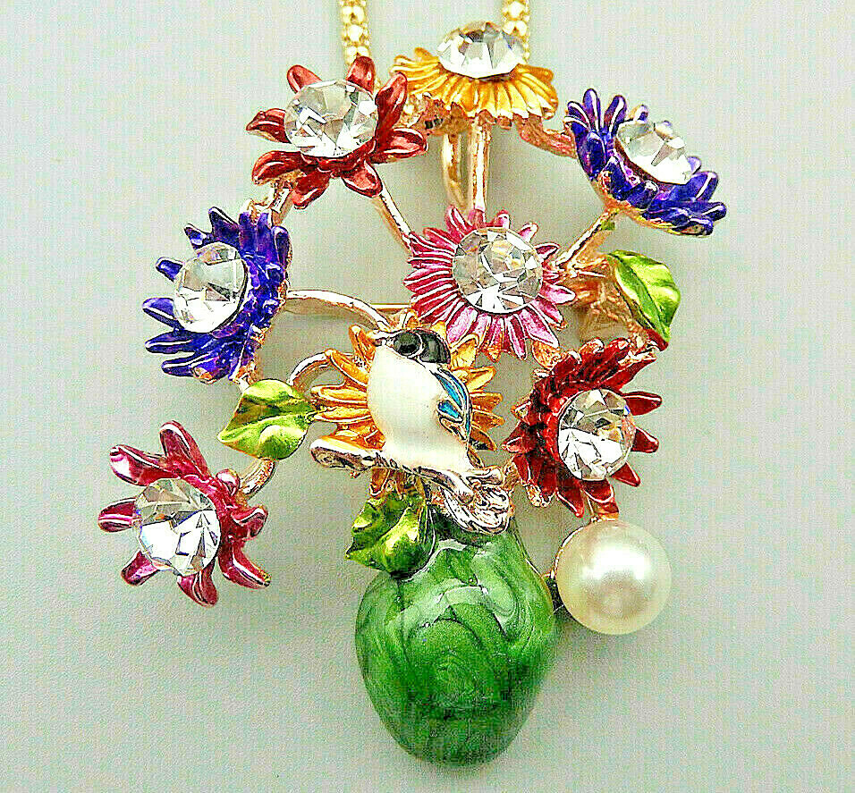 Summer Time RAINBOW Flowers VASE Bouquet BIRD Rhinestone Necklace Pendant Brooch