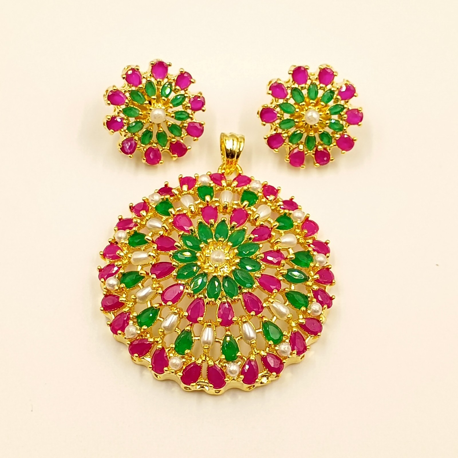 Ruby Emerald & Pearl Pendant Set 22k Gold Plated Traditional Indian Jewelry Gift