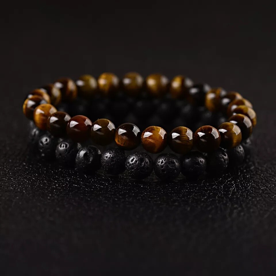 2PCS Men Classic Lava Rock Tiger Eye Gem Stone Beaded Healing Bracelet Boyfriend