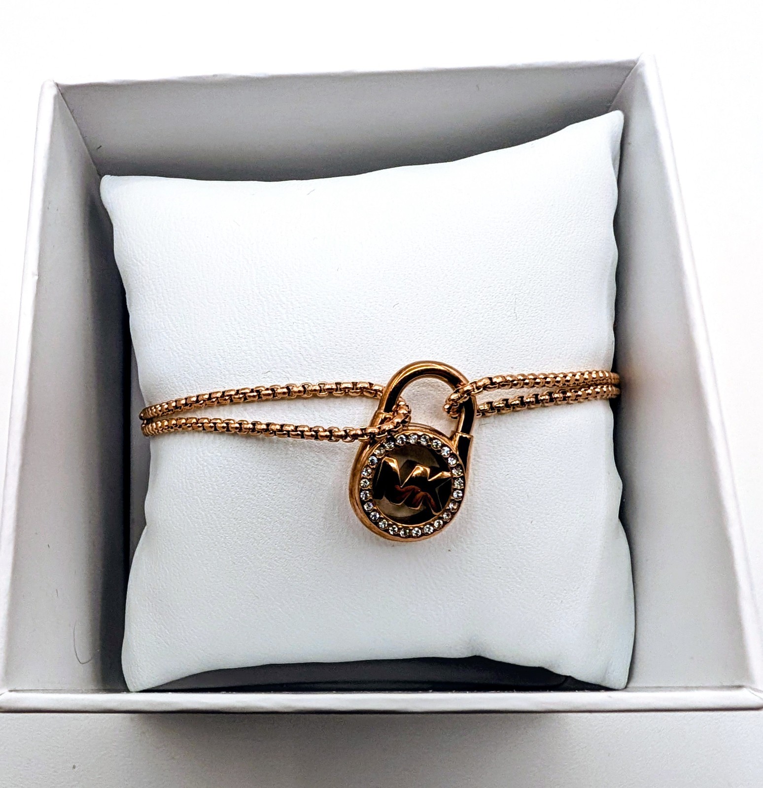 Michael Kors Rose Gold-Tone Pavé MK Logo Lock Double Chain Bracelet w/ Box