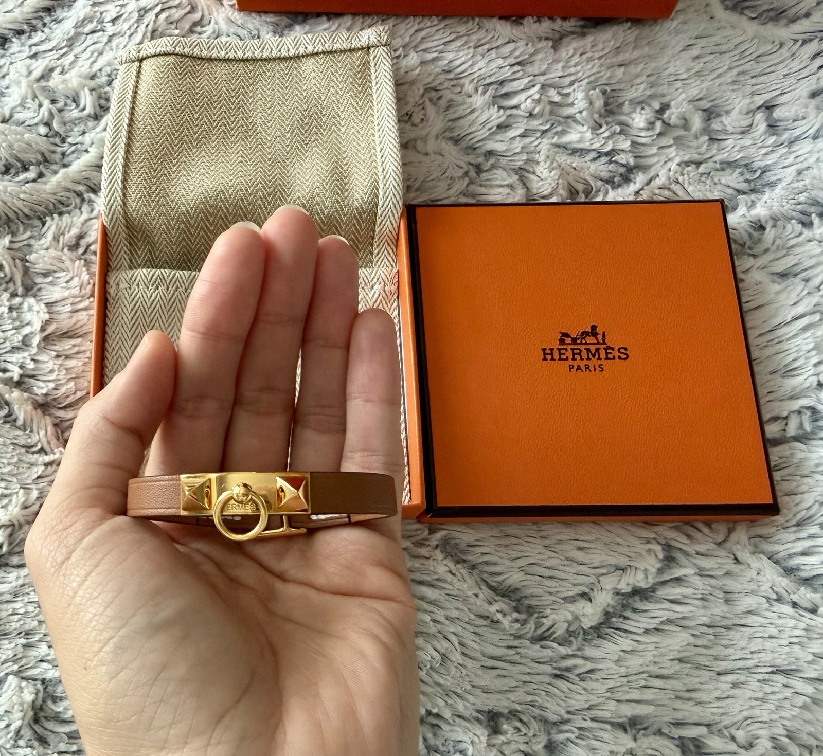 AUTHENTIC HERMES RIVALE MINI BRACELET GOLD PLATED IVORY LEATHER STRAP