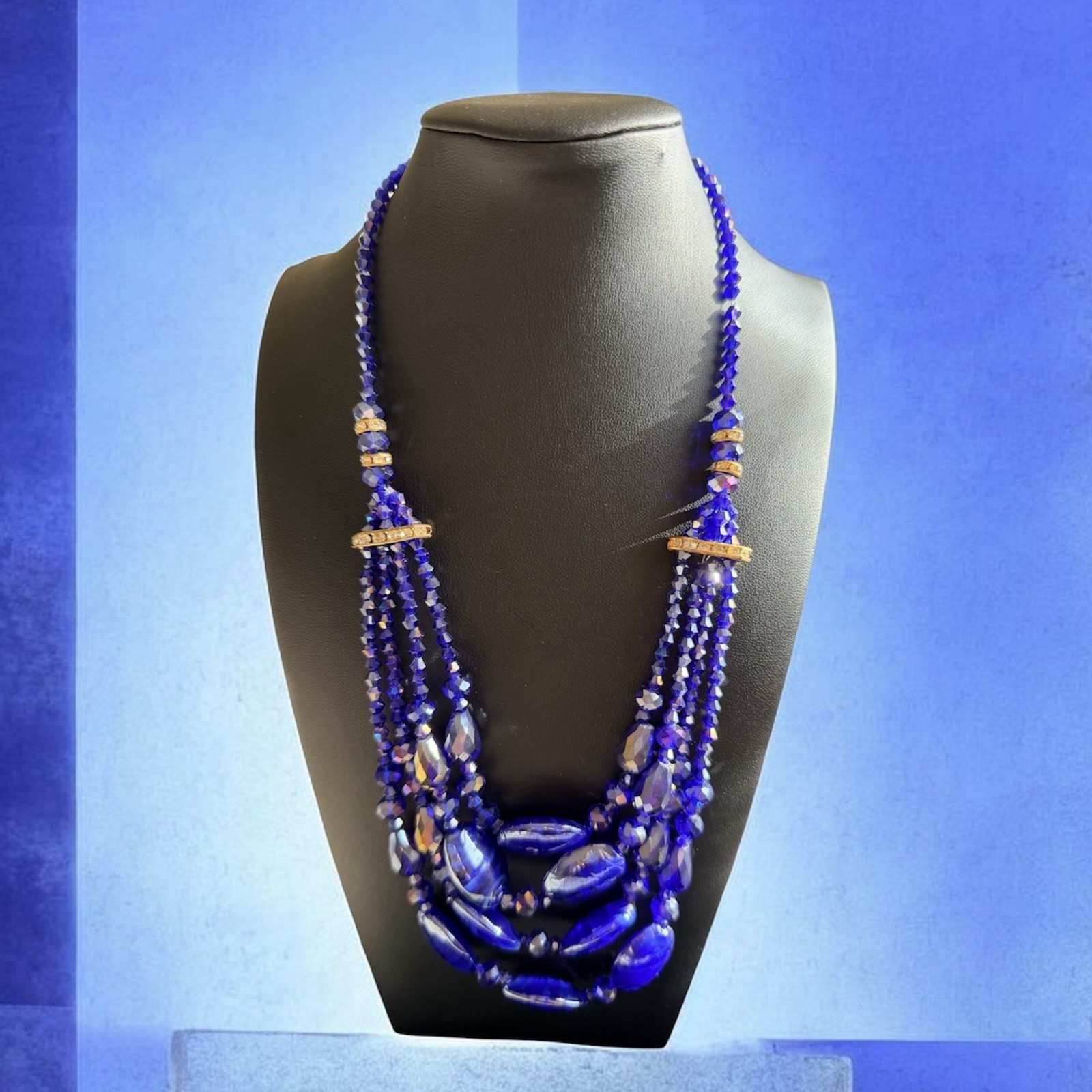Blue Glass Multi-Strand Layered Beaded Statement Necklace, Fashion Ball/Bead