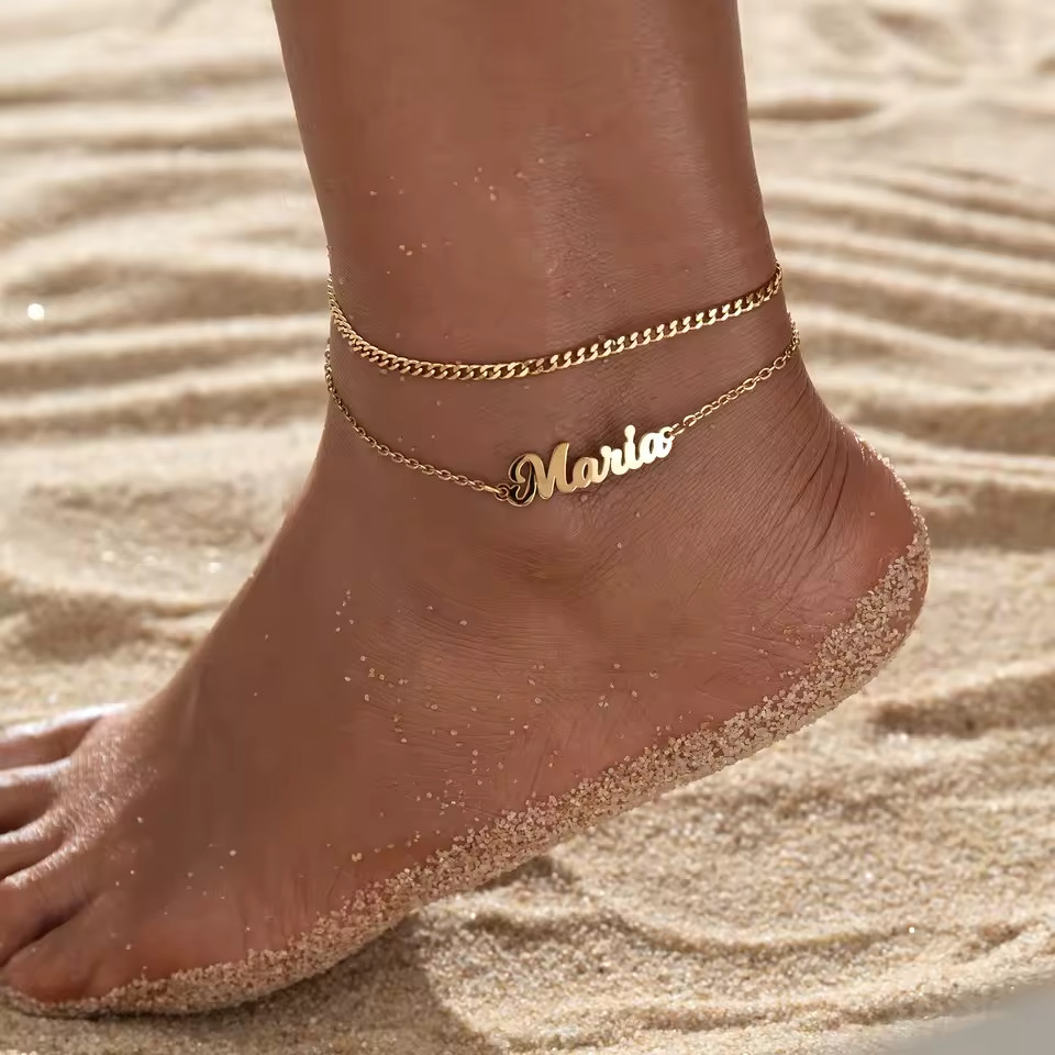 Custom Name Double Layered Anklet Chain Jewelry Foot Ankle Stainless Steel Women