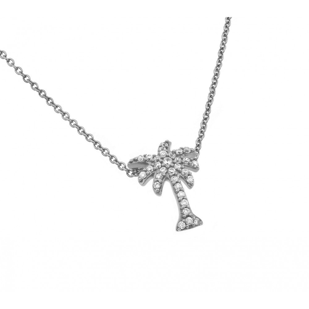 PALM TREE NECKLACE PENDANT W/ LAB DIAMONDS/ 925 STERLING SILVER / 18”