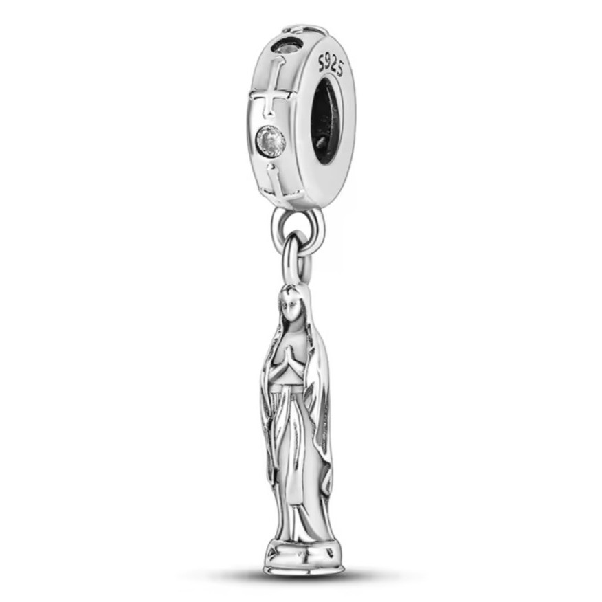 Sterling Silver 925 Signed Religious Dangle Charm Bead Clear Round Stone