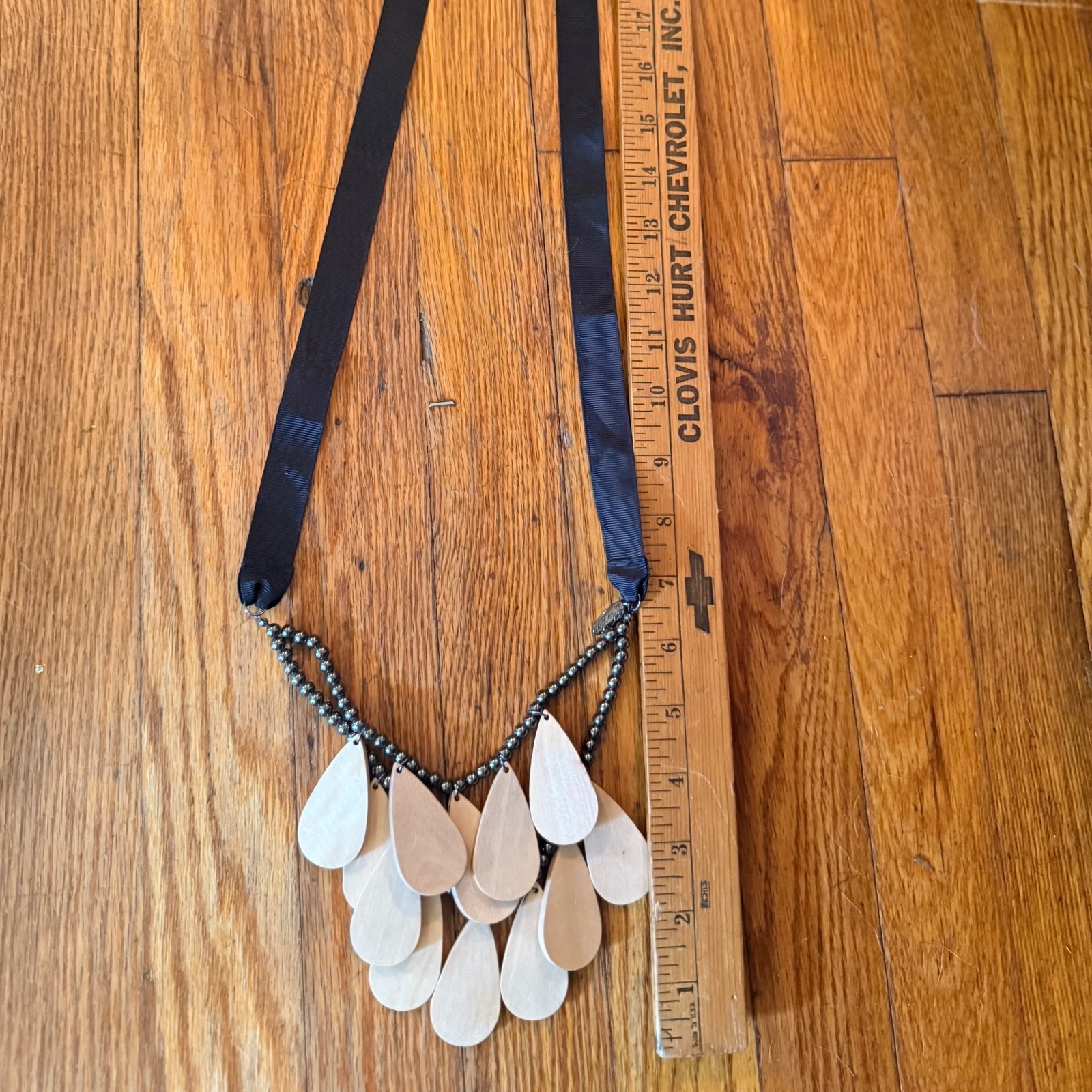 Plunder Wooden Teardrop Pendant Necklace with Black Ribbon Tie