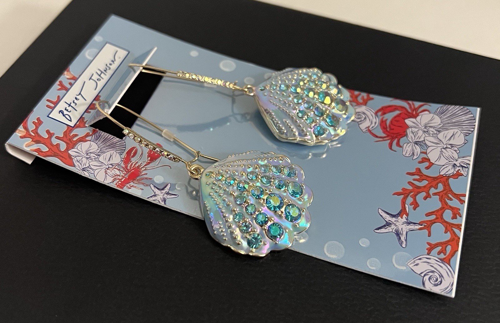 Betsey Johnson Earrings Iridescent Seashell Mermaid Drop NWT Crystal Dangle