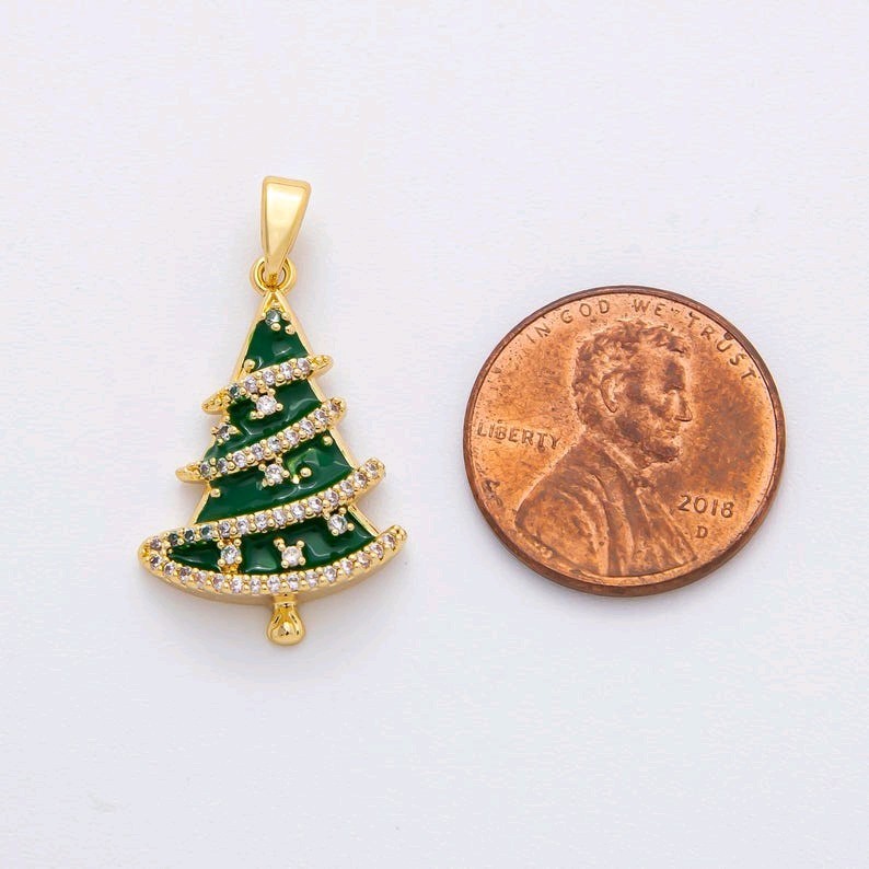 18k Gold Filled Dainty Green CZ Micro Pave Christmas Tree Holiday Season Pendant