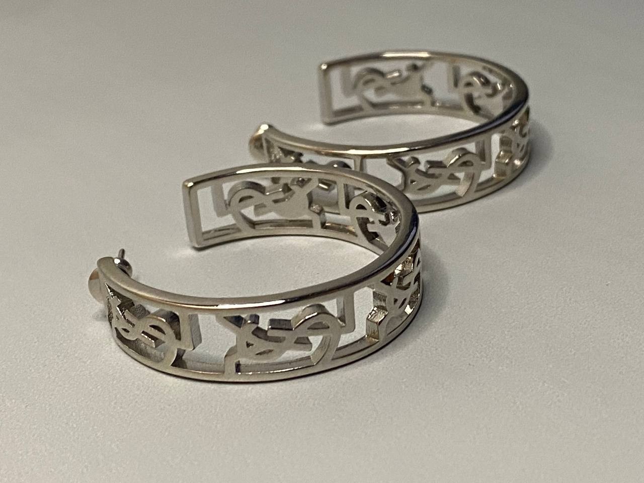 Yves Saint Laurent SIlver YSL Cut Out Hoop Earrings 4cm