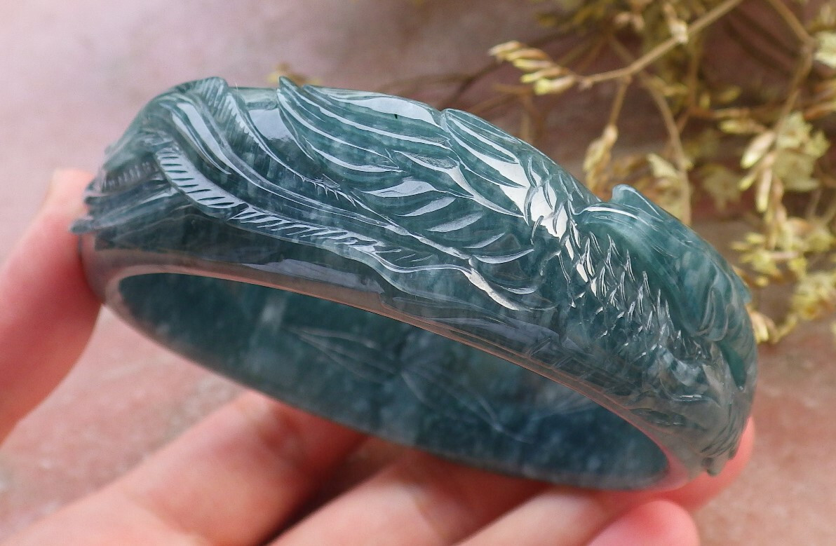 Certified Blue Green A JADE Jadeite Phoenix Bangle Bracelet 62mm 602375 AS