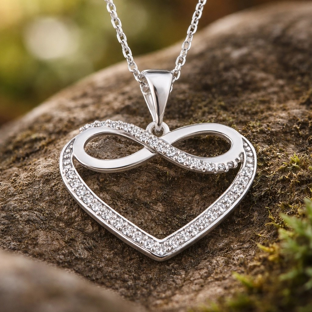 925 Silver Infinity Love Heart Pendant Necklace Cubic Zirconia Rhodium Finish